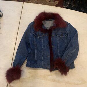 Jean Jacket with  Burgundy Fur Collar